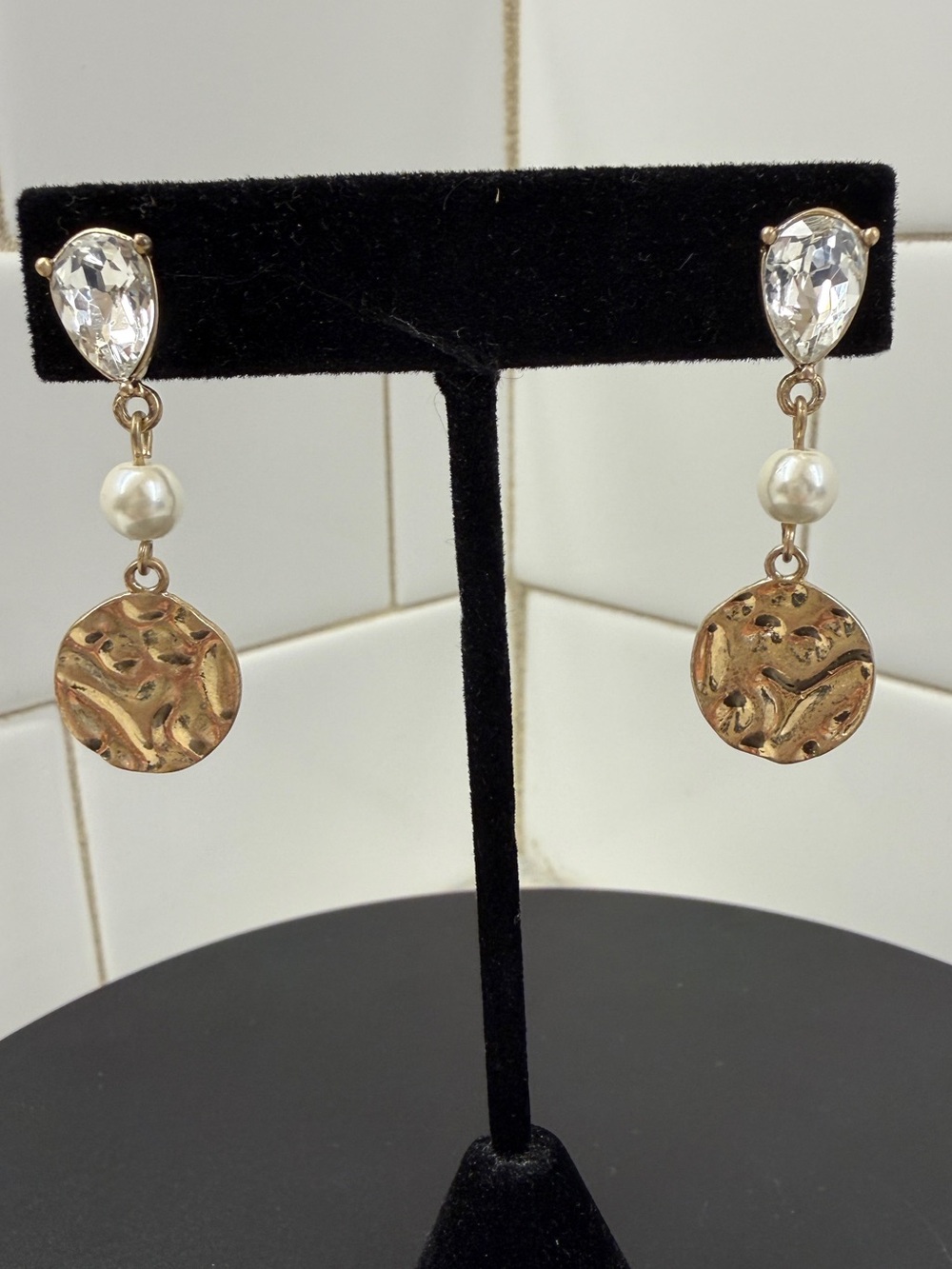 CAbi Gold Drop Earrings with Clear Crystal & Pearl Bead